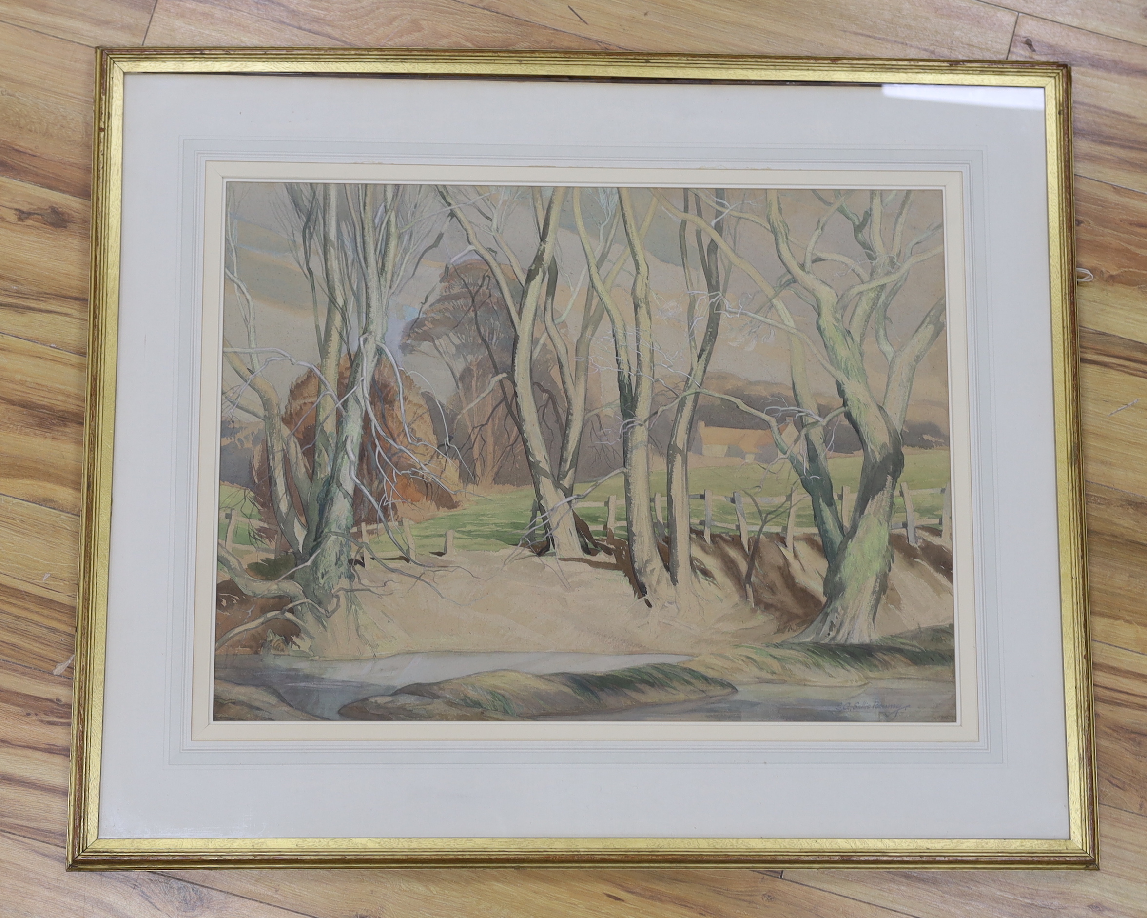 Ernest Alfred Sallis Benney (1894-1966), watercolour, Landscape with trees beside a stream, signed, 55 x 74cm